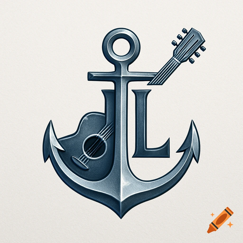 A metallic logo featuring a boat anchor with the letters JL integrated, and a guitar shape embedded within it.