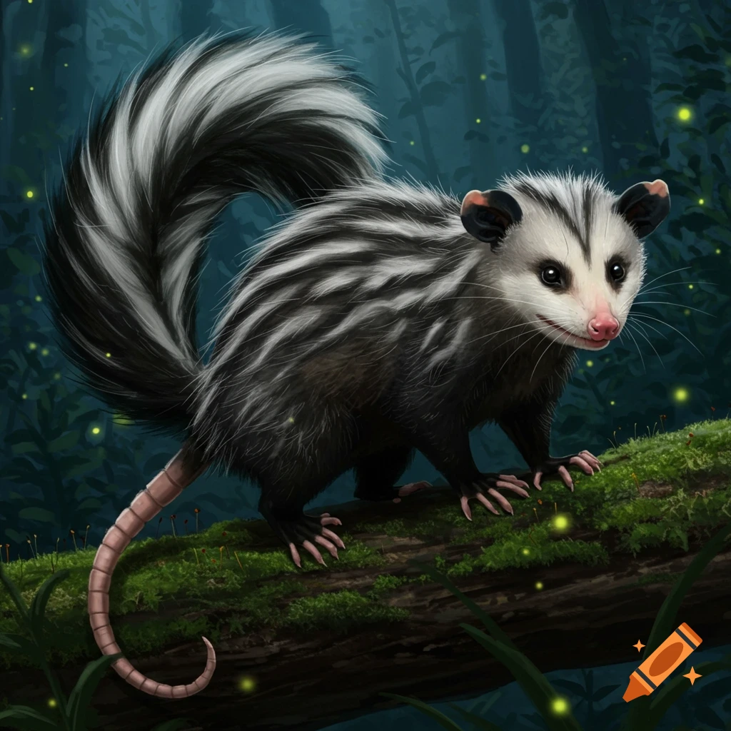 A fantasy creature, a cross between an opossum and a skunk, on a mossy log in a forest at night with glowing fireflies.