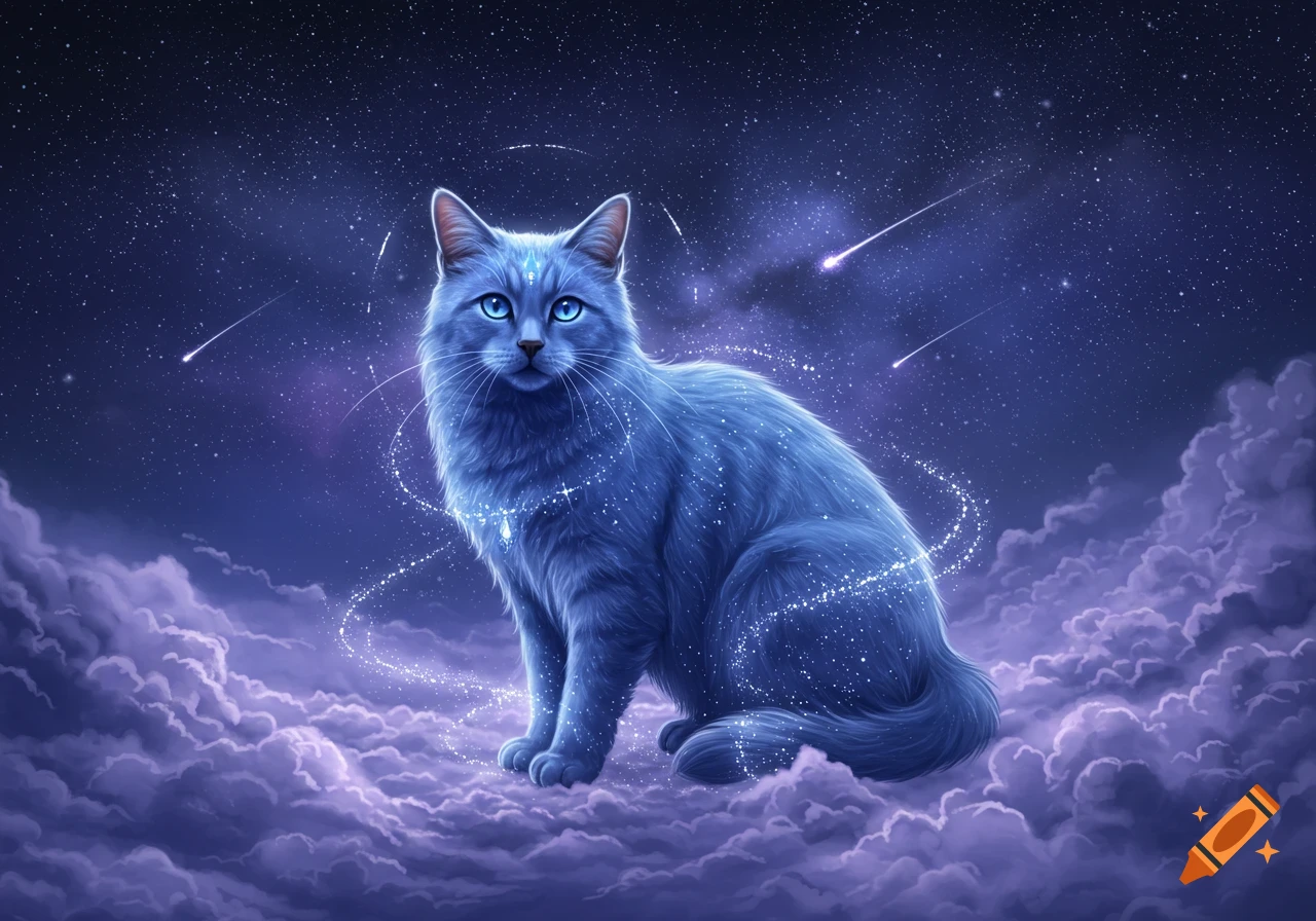A mystical blue cat with glowing eyes sits on purple clouds under a starry night sky with shooting stars and a magical aura.