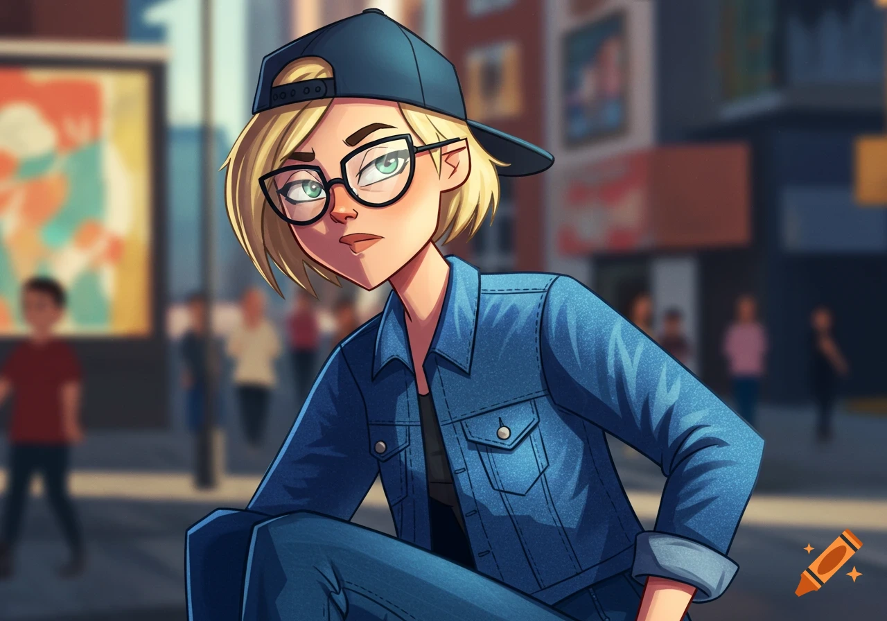 Cartoon blonde woman with glasses and baseball cap in blue denim jacket and jeans, urban background.