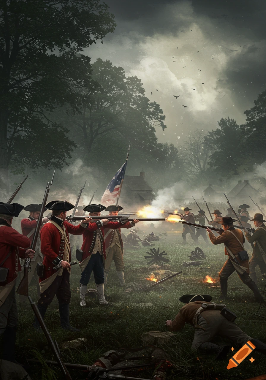 Photorealistic depiction of American Revolutionary War battle with British Redcoats and American Minutemen firing muskets in a smoky, wooded landscape.