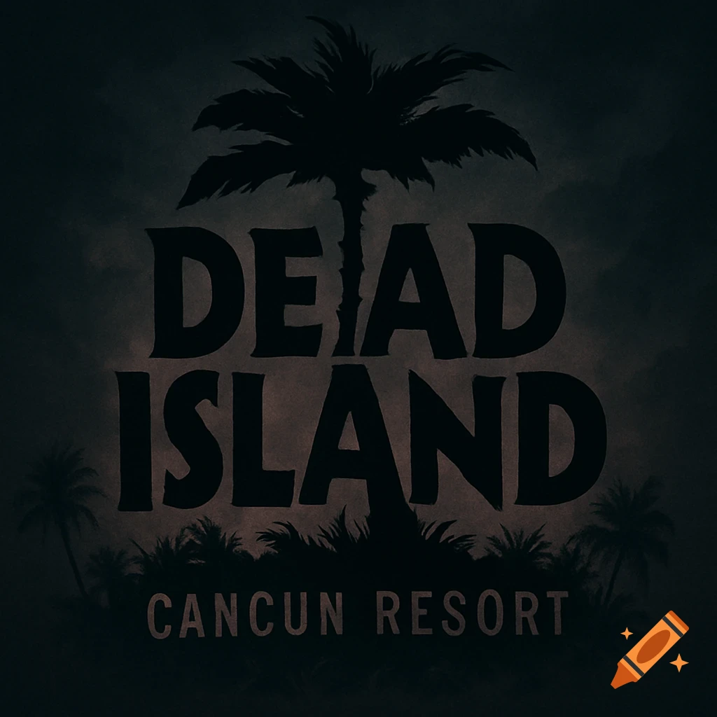Dark, stylized logo for Dead Island Cancun Resort with silhouetted palm trees against a cloudy sky.
