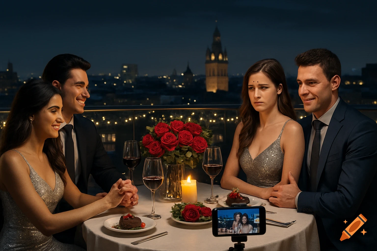 A photorealistic image of two couples at a rooftop restaurant at night, with city lights in the background. One couple is happy, while the other woman appears sad. A phone on the table displays a selfie.