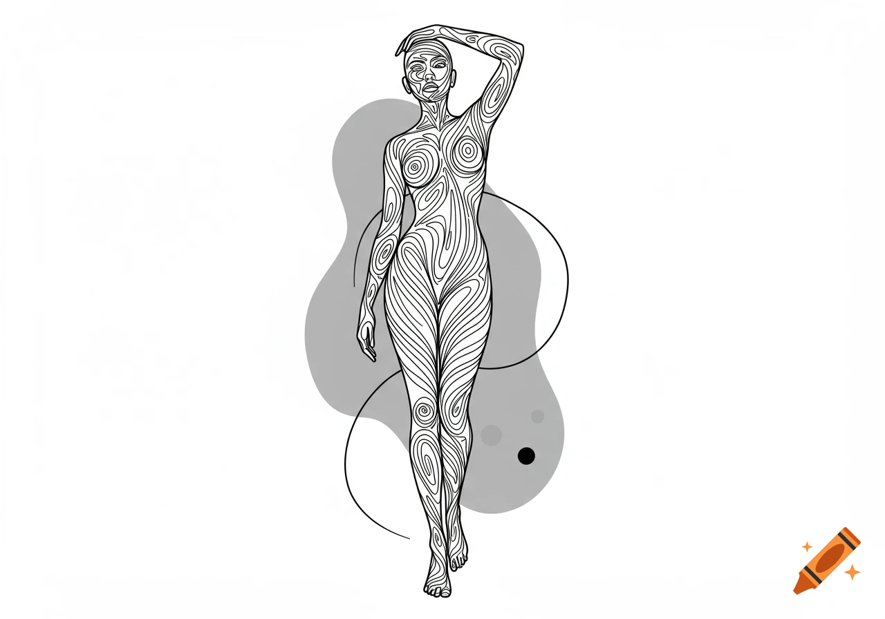 Stylized line art illustration of a female figure with swirling patterns on her body, against a minimalist gray and white background.