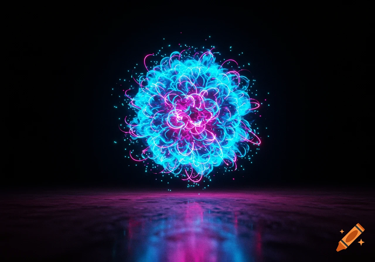 An abstract glowing sphere of tangled blue and pink neon lights on a reflective dark surface.