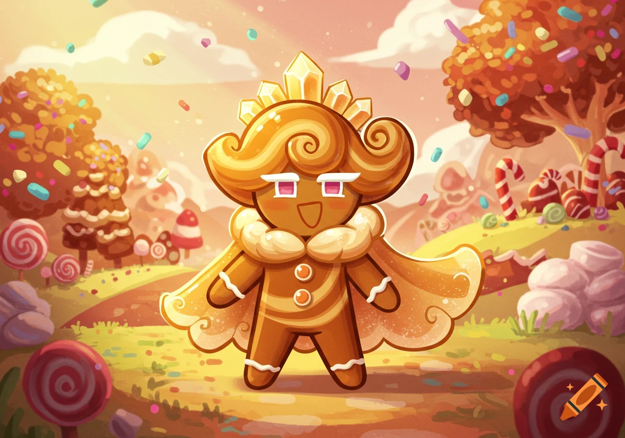 A gingerbread cookie character with a crown and cape stands in a vibrant candy land, featuring lollipop trees and candy canes under a warm, pastel sky.