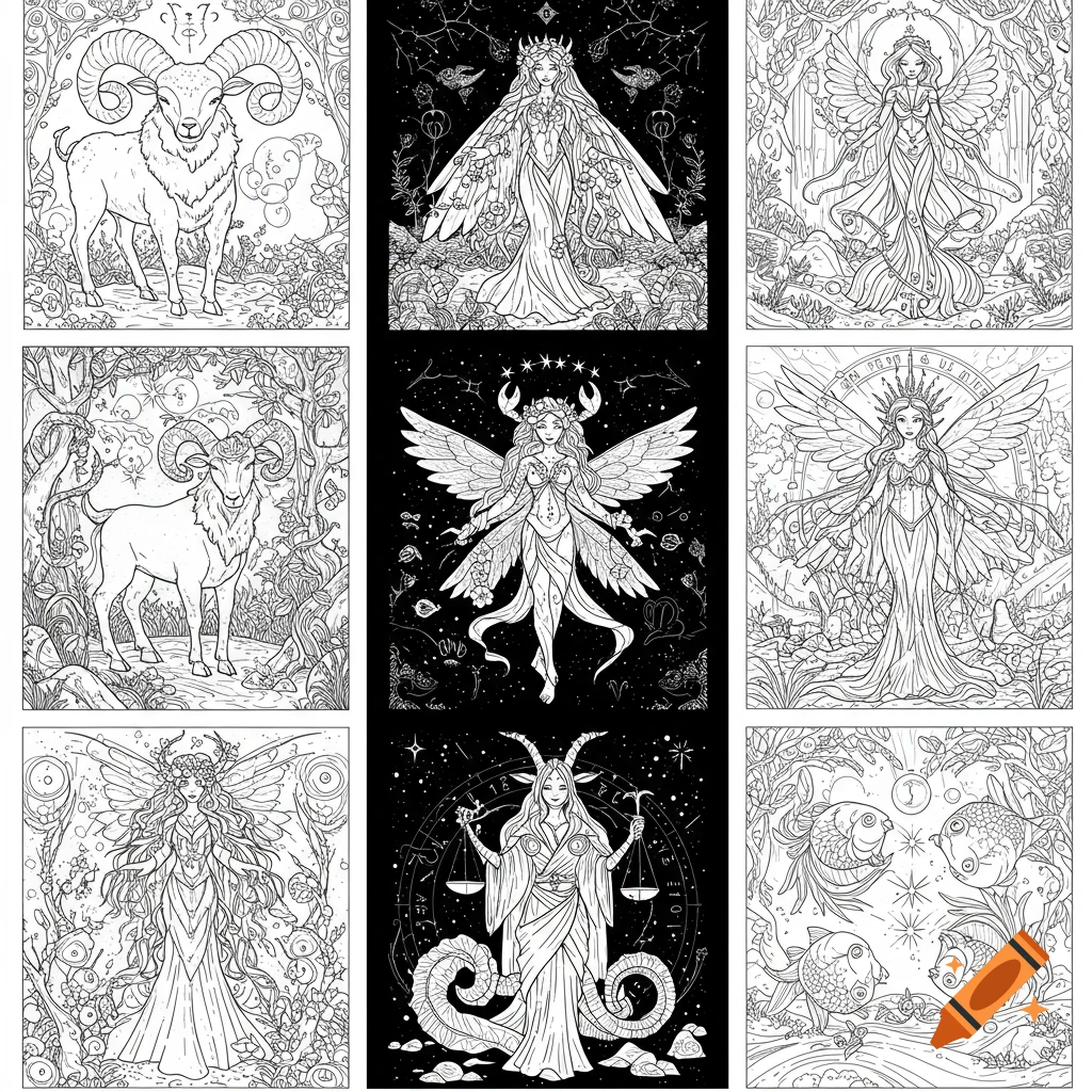 A grid of nine black and white line art illustrations featuring various zodiac signs in a mystical fairycore style, suitable for a coloring book. Depictions include ram, winged humanoids, and fish figures.