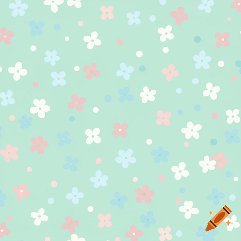 A seamless pattern featuring simple light pink, white, and light blue flowers and dots on a light mint green background in a kawaii style.