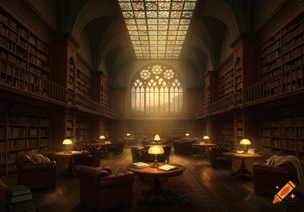 A grand, dimly lit library hall with towering wooden bookshelves, comfortable leather armchairs, and glowing table lamps. Sunlight streams through a large stained glass ceiling and a gothic window.