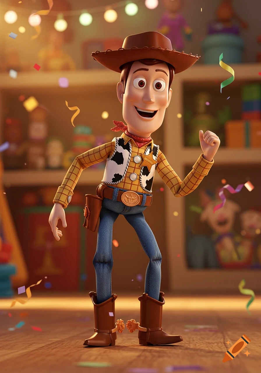 Woody from Toy Story in his classic outfit, dancing amidst colorful confetti and streamers in a party setting.