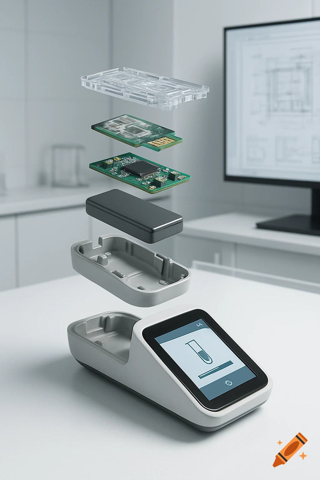 3D exploded view of a point-of-care diagnostic device on a lab table, showing layers of internal components.