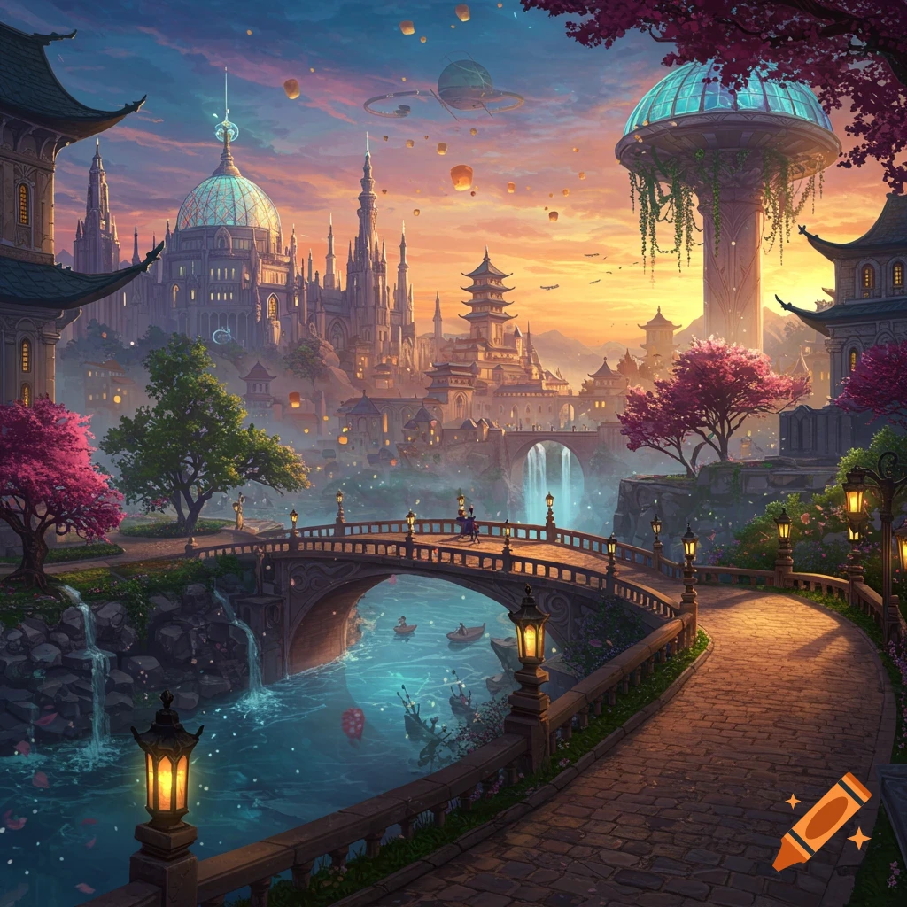 A fantasy city at sunset with a stone bridge over a river, boats, cherry blossom trees, and towering buildings under a colorful sky.