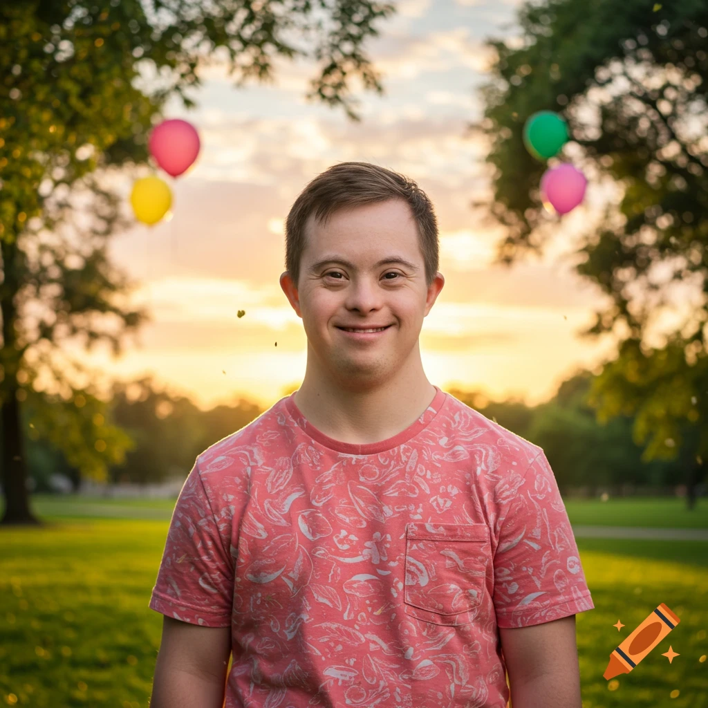 A young man with Down syndrome smiles at the camera in a park during sunset, with colorful balloons floating around.