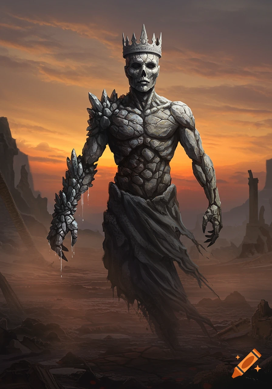 A tall, skeletal figure made of stone, wearing a crown, stands in a desolate landscape under an orange sky. It has a crystalline right arm and clawed left hand.