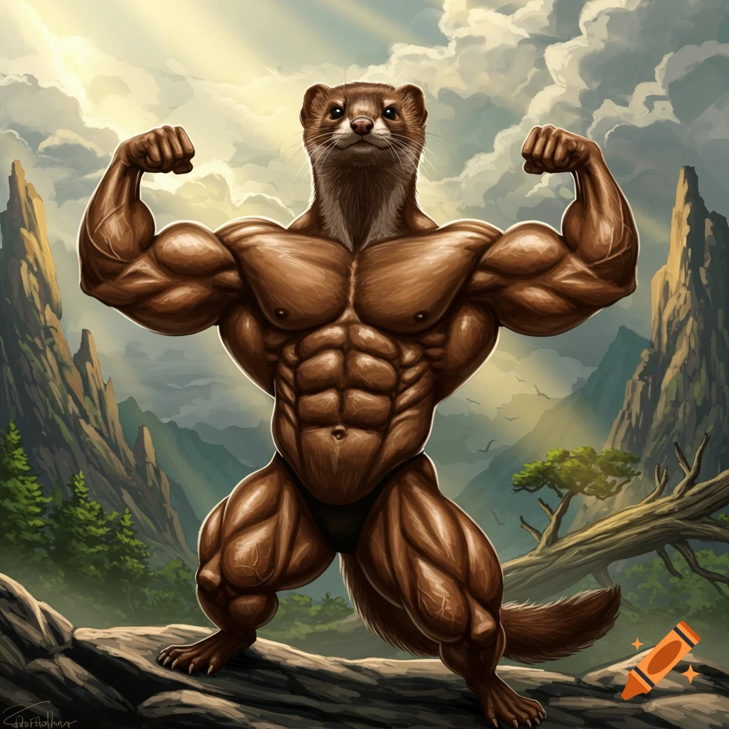A very buff, muscular weasel with large biceps and abs poses in a mountainous fantasy landscape.