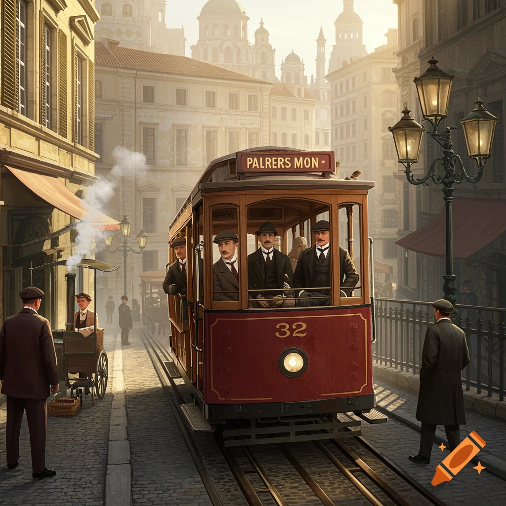 A vintage tram travels down a busy cobblestone street in a historical city, with people in period attire and ornate buildings.