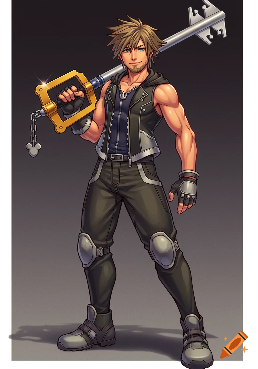 Anime-style illustration of a male character with blond hair and beard, wearing a black outfit, holding a large Keyblade over his shoulder.