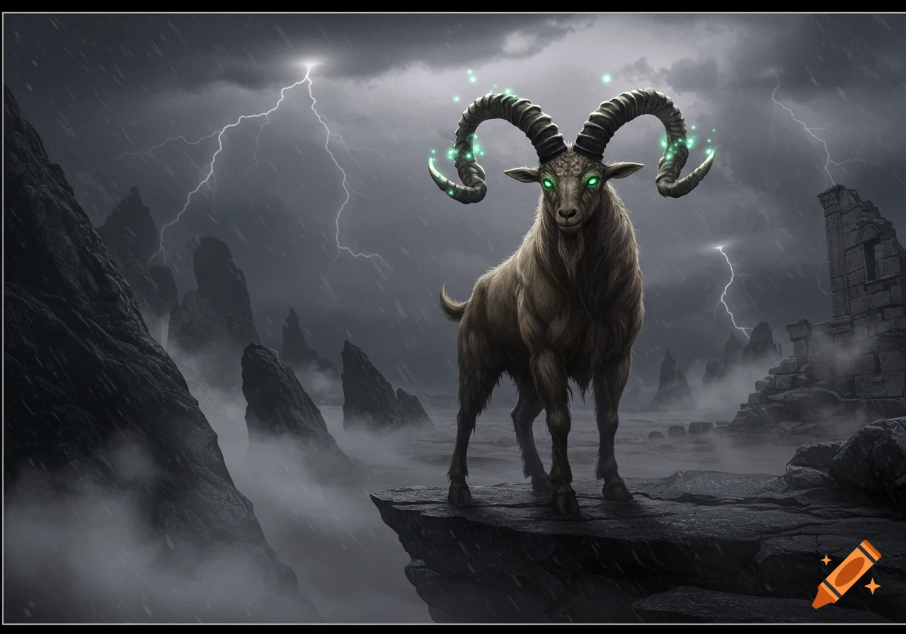 A majestic goat-like creature with glowing green eyes and horns stands on a cliff in a stormy, lightning-filled landscape.