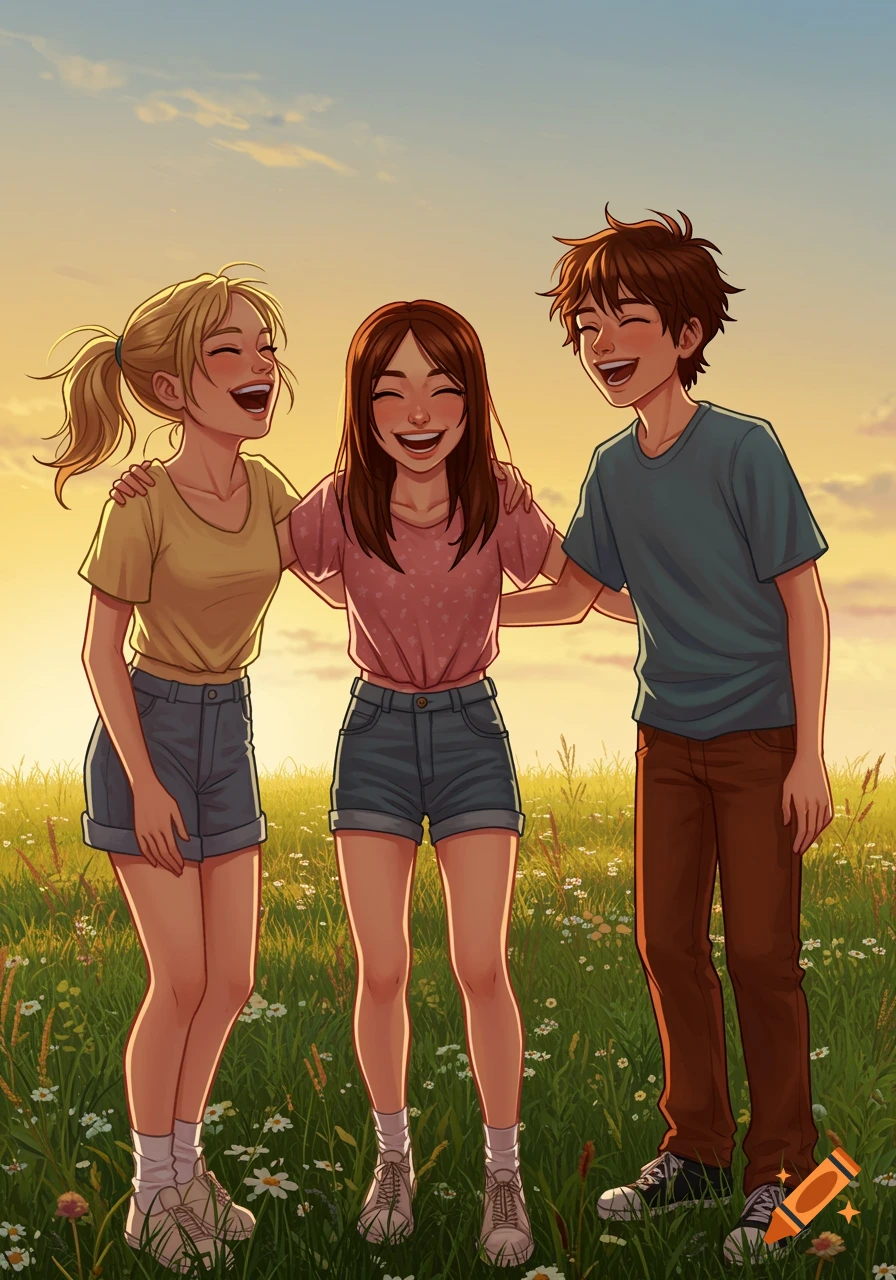 Three young friends laughing and embracing in a sunlit field with wildflowers. Digital illustration style.