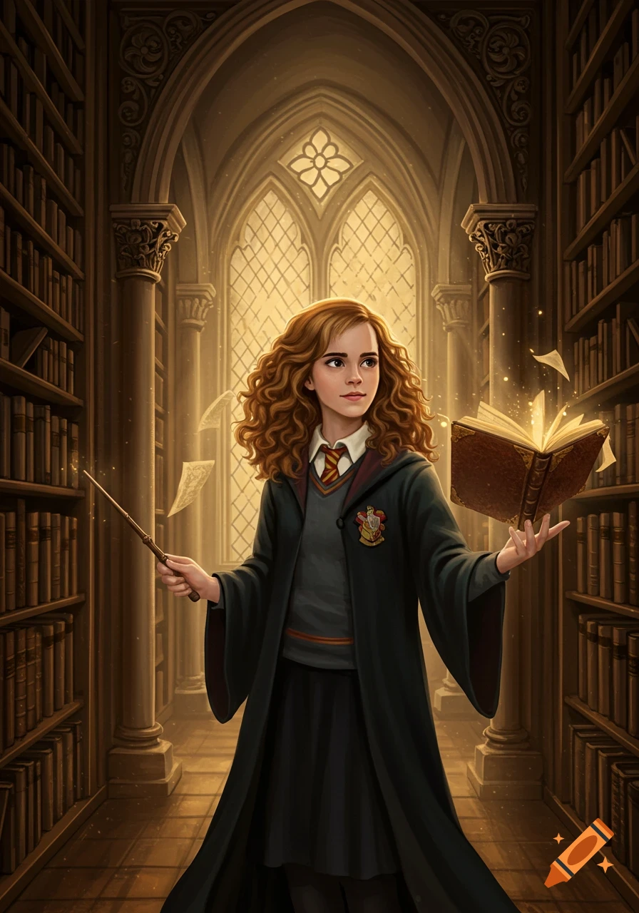 A young witch with curly brown hair in a wizard's robe holds a glowing book and a wand in a grand library, with papers floating.