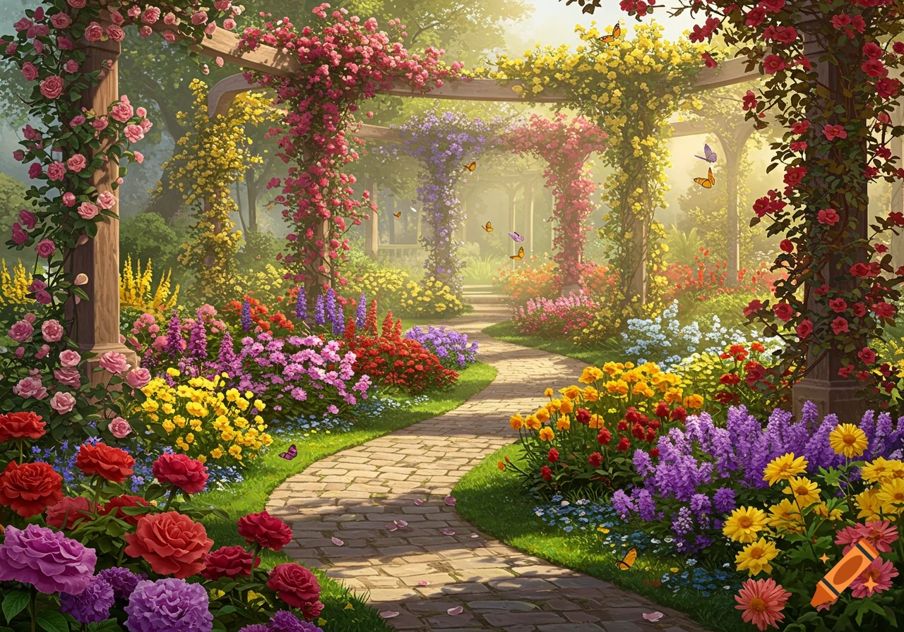 A vibrant garden path winds through colorful flowers and rose-covered pergolas under a sunny sky, with butterflies fluttering.