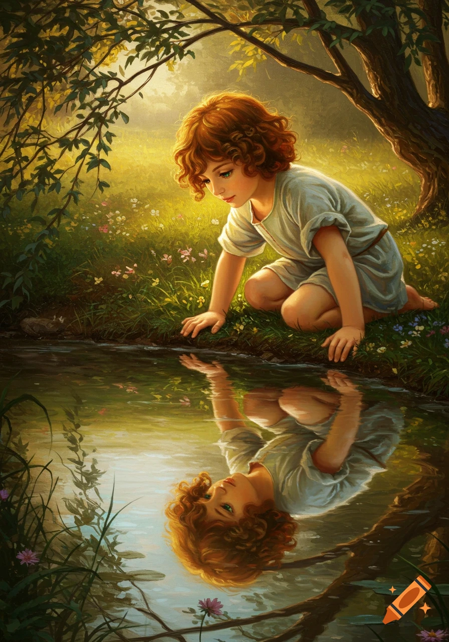 Renaissance oil painting of a curly-haired boy in a field, looking at his reflection in a pond under a tree.