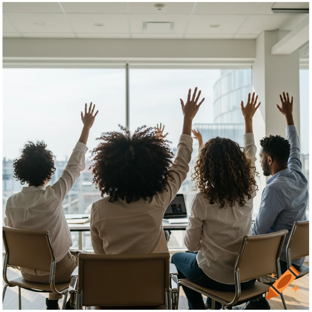 Four diverse people from behind, sitting in an office meeting with hands raised, light coming from large windows.