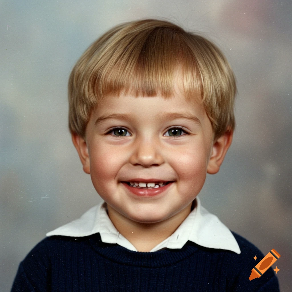 Photorealistic portrait of a smiling young boy with blonde hair, hazel eyes, and two missing front teeth, in a blue sweater.