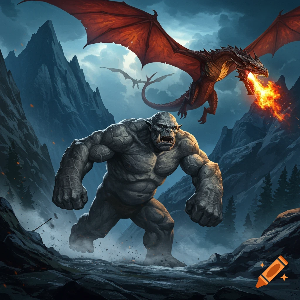 A massive grey troll-like monster is chased by a fire-breathing red dragon in a dark, rocky, mountainous landscape.