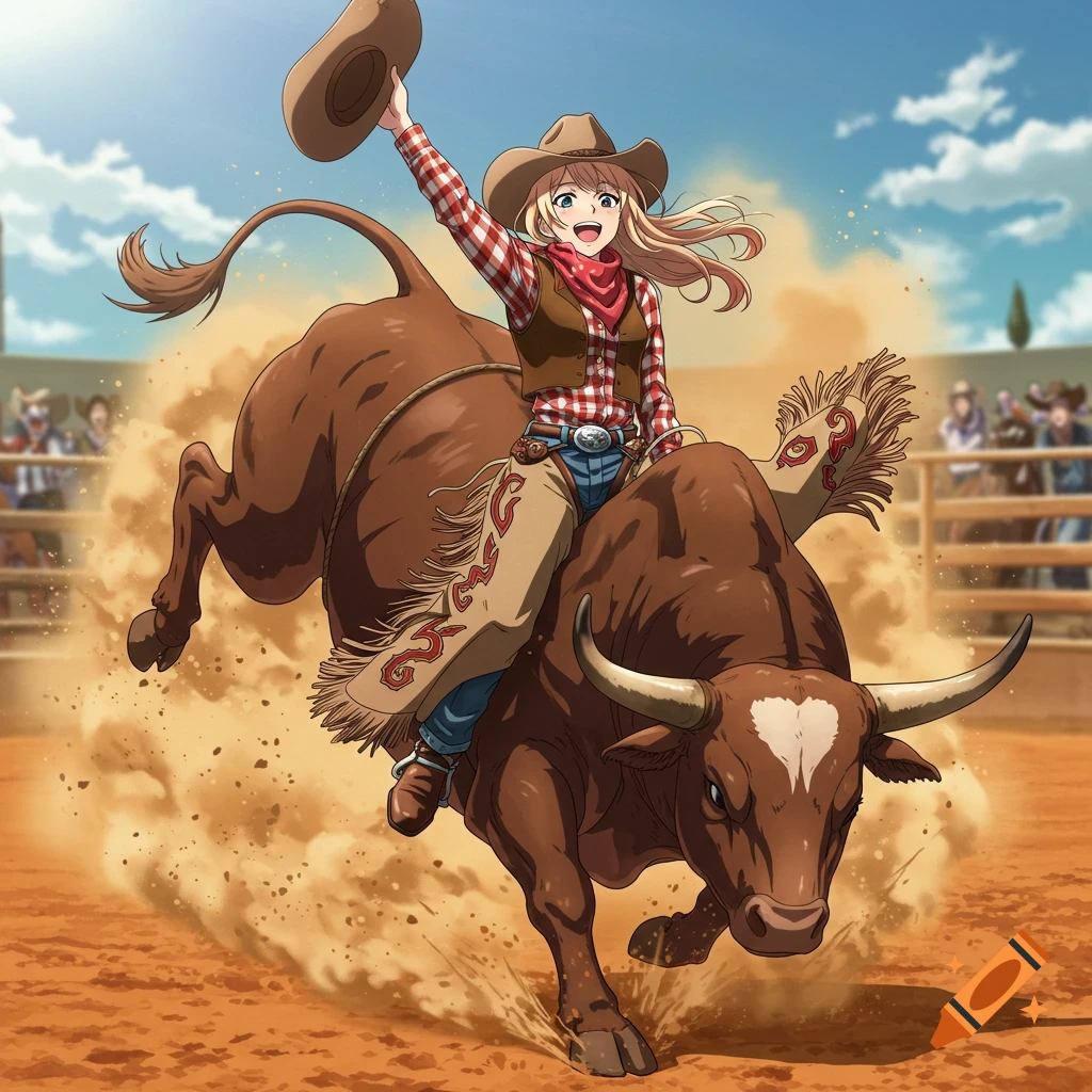 Anime cowgirl in a plaid shirt and chaps riding a bucking bull in a dusty rodeo arena, holding a hat in the air.