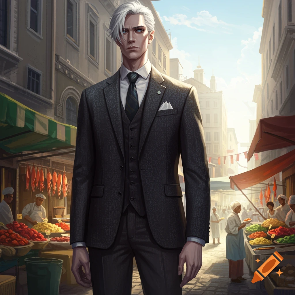 A serious anime-style man with white hair and blue eyes in a dark suit stands on a market street.