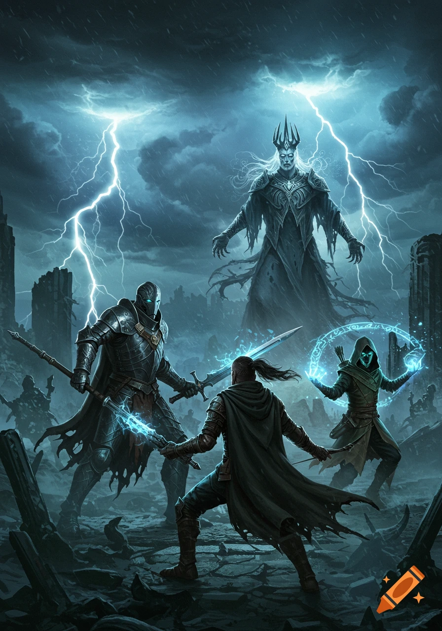 Three warriors battle a towering, crowned king amidst a lightning storm and ruins in a dark fantasy style.