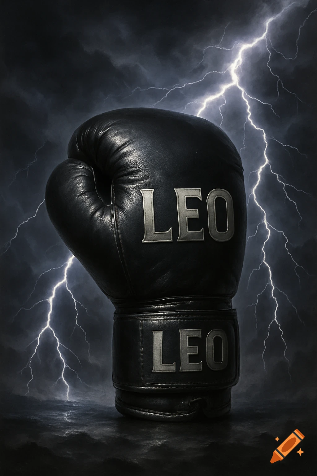 A black boxing glove with 'LEO' written on it, set against a stormy sky with lightning.