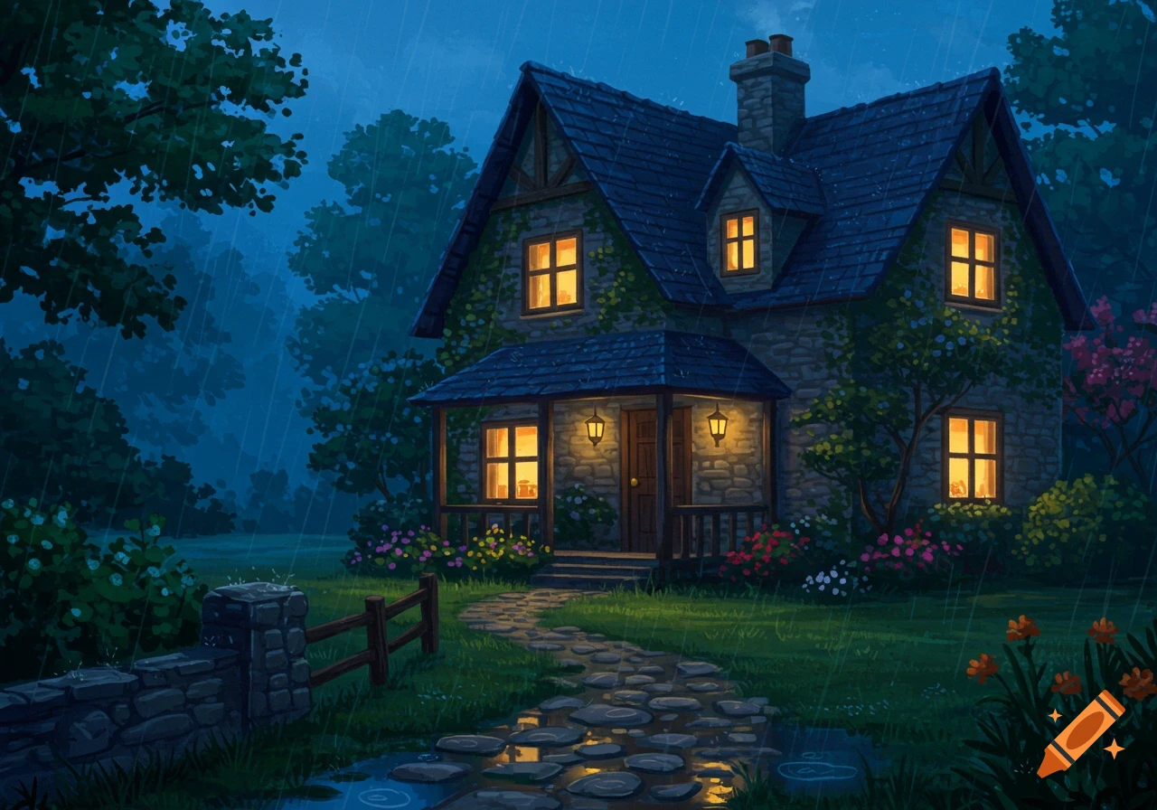 A peaceful stone house with illuminated windows and a stone path, surrounded by trees and colorful flowers, under a dark, rainy sky at dusk.
