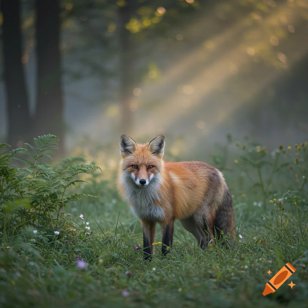 A red fox stands in a misty forest with sun rays shining through the trees.