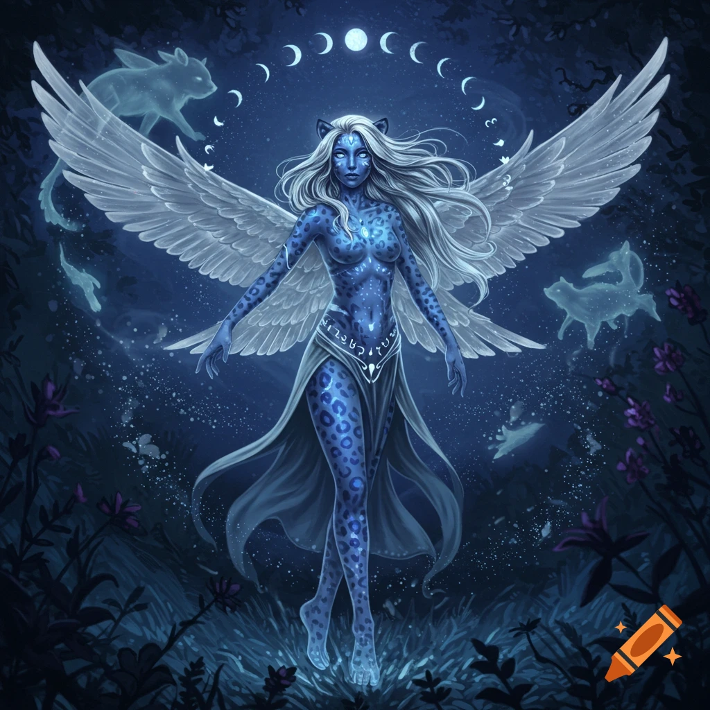 A blue-skinned, winged fairy with leopard spots and white hair stands in a mystical forest with ethereal animal spirits and moon phases.