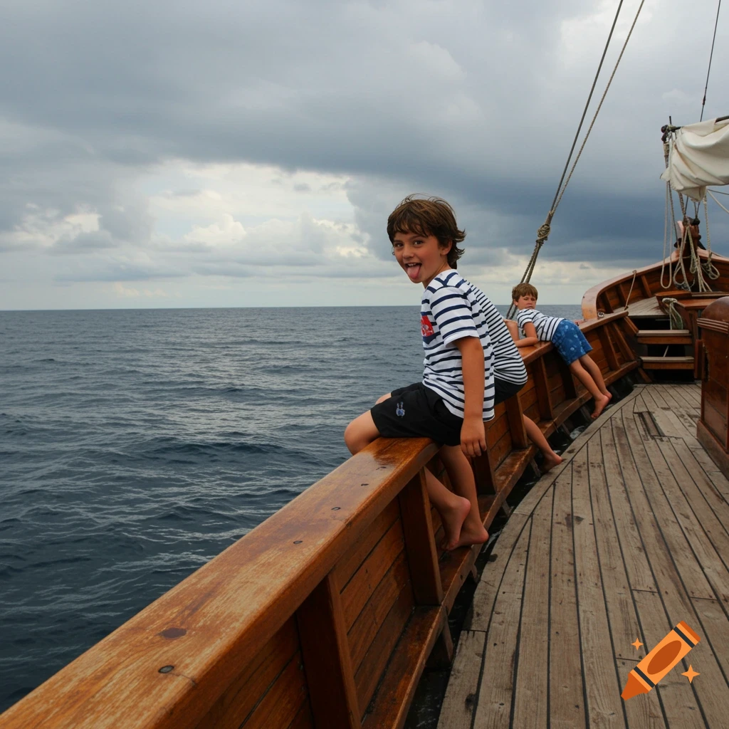 A boy in a striped shirt sits on a wooden boat railing, sticking his tongue out, with another boy behind him, on a cloudy day at sea.