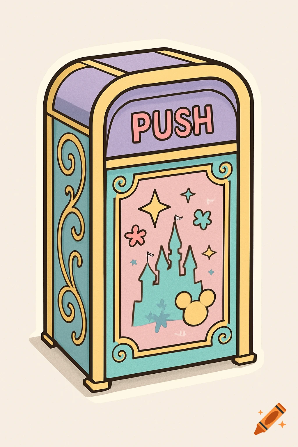 A whimsical, cartoon-style Disney theme park trash can in pastel colors with 'PUSH' label, castle silhouette, and Mickey ears.