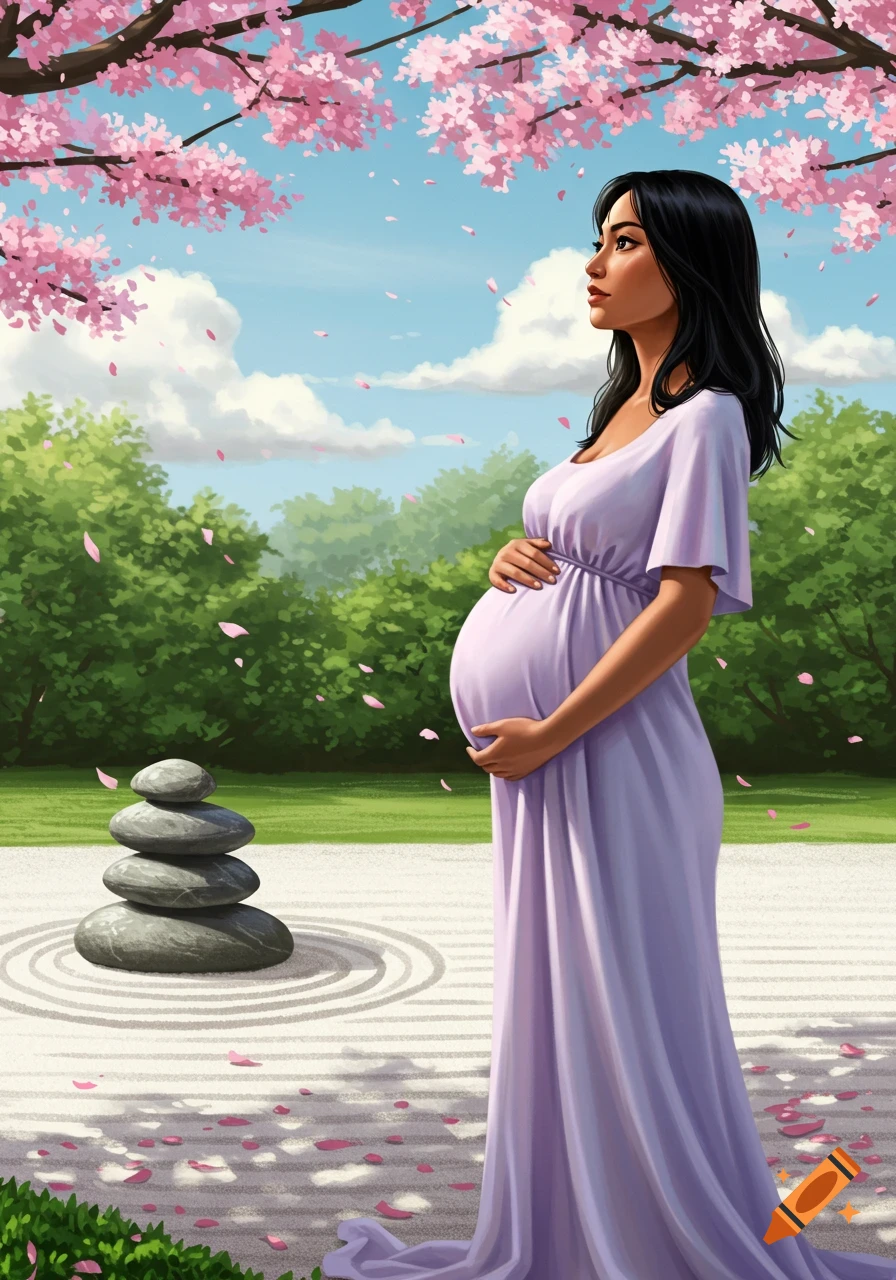 A pregnant woman in a lavender dress gently holds her belly, standing in a zen garden under a cherry blossom tree with falling petals.