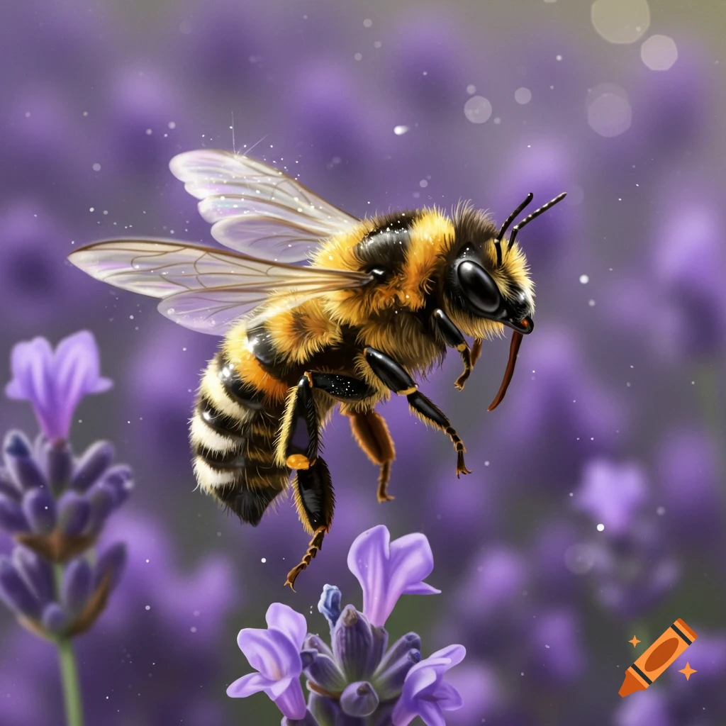 A close-up, detailed illustration of a bee with translucent wings flying above purple lavender flowers.