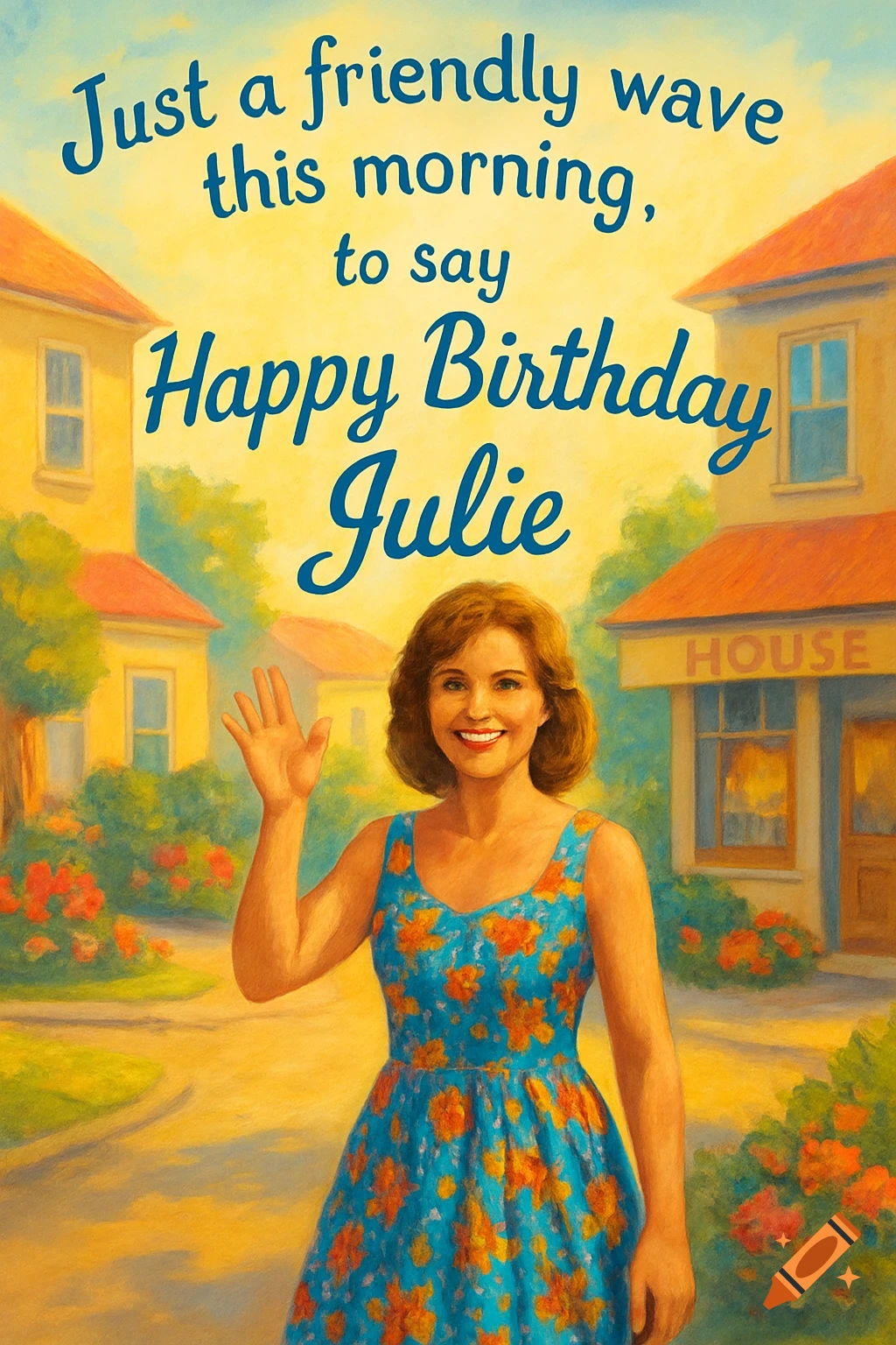 A smiling woman in a blue floral dress waves in a suburban setting with houses. Text reads: 'Just a friendly wave this morning, to say Happy Birthday Julie.'