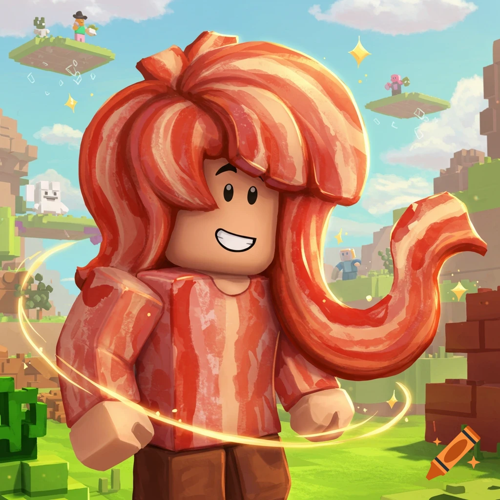 A cartoon character with long red hair resembling bacon and a bacon-patterned shirt smiles in a blocky, Minecraft-like world.