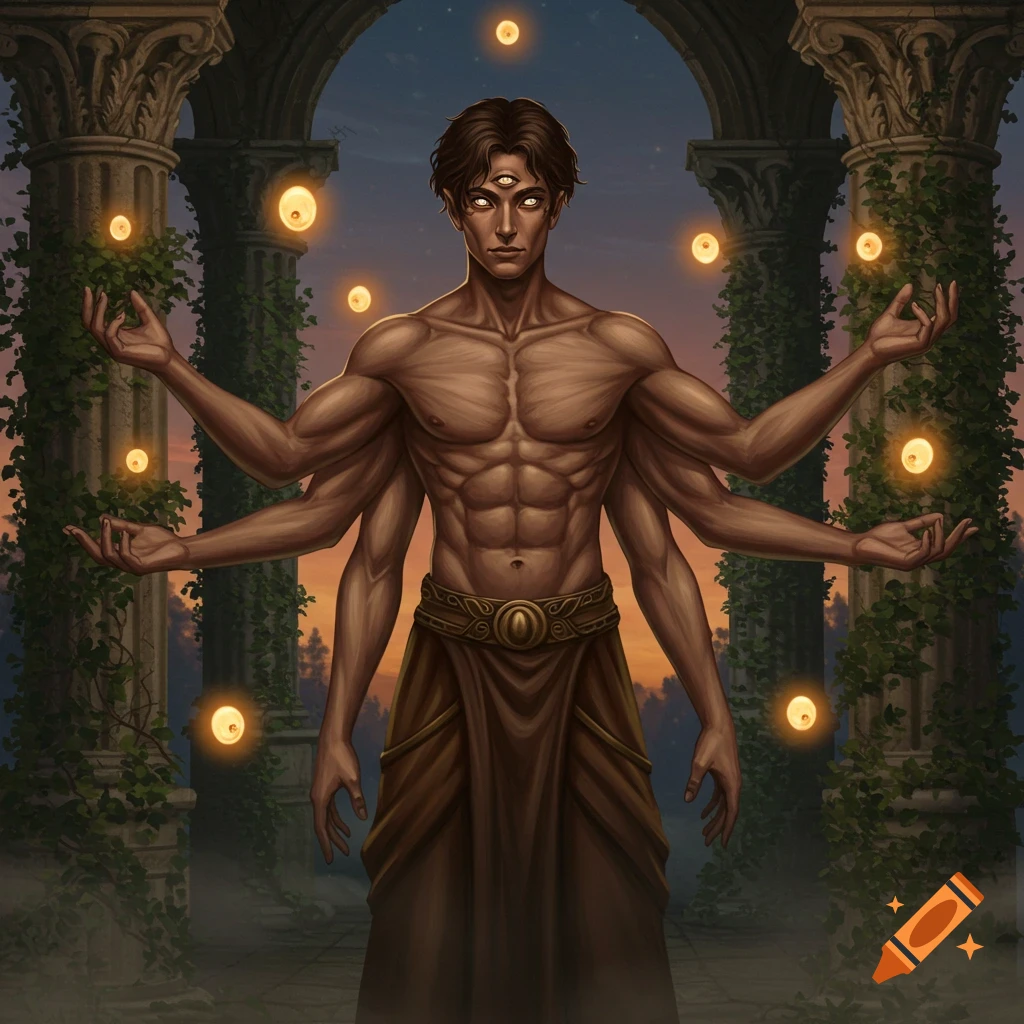 A muscular, multi-armed, three-eyed male figure in a robe stands among ancient ruins, surrounded by glowing orbs.