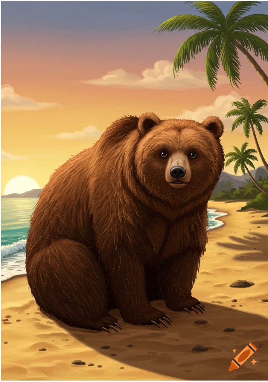A stylized brown bear sits on a sandy beach with palm trees and a sunset over the ocean.