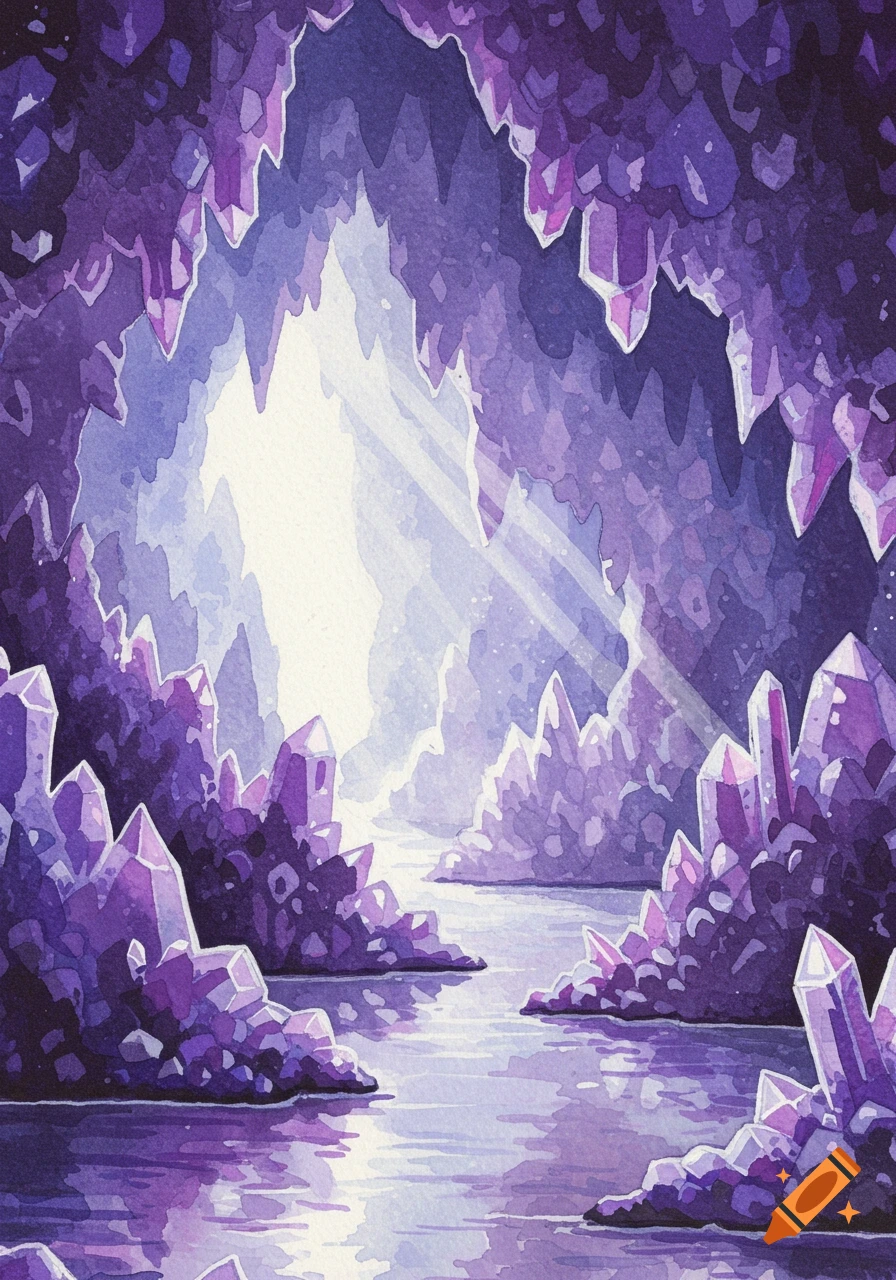 A watercolor painting of a purple amethyst crystal cave with water and light shining in from above.