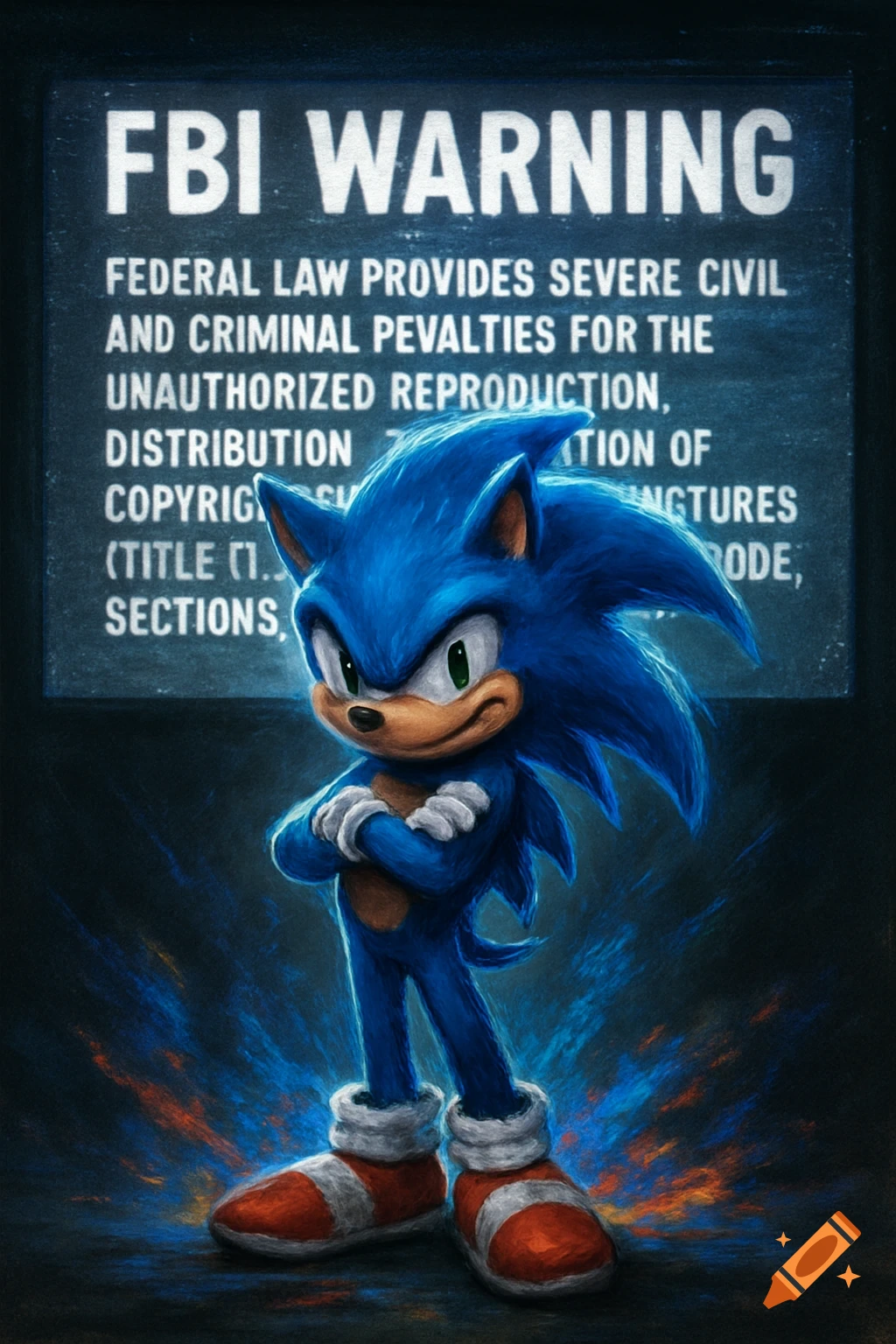 Sonic the Hedgehog stands in front of a dark sign that reads "FBI WARNING" at the top, with additional legal text below, in a dramatic, painterly style.