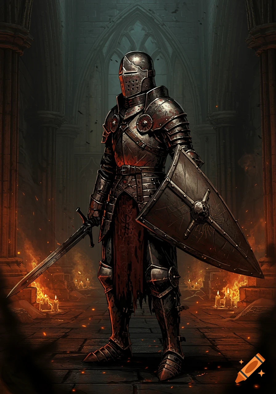 A knight in full plate armor stands with a sword and shield in a dark, ruined gothic hall with flames, in a dark fantasy style.