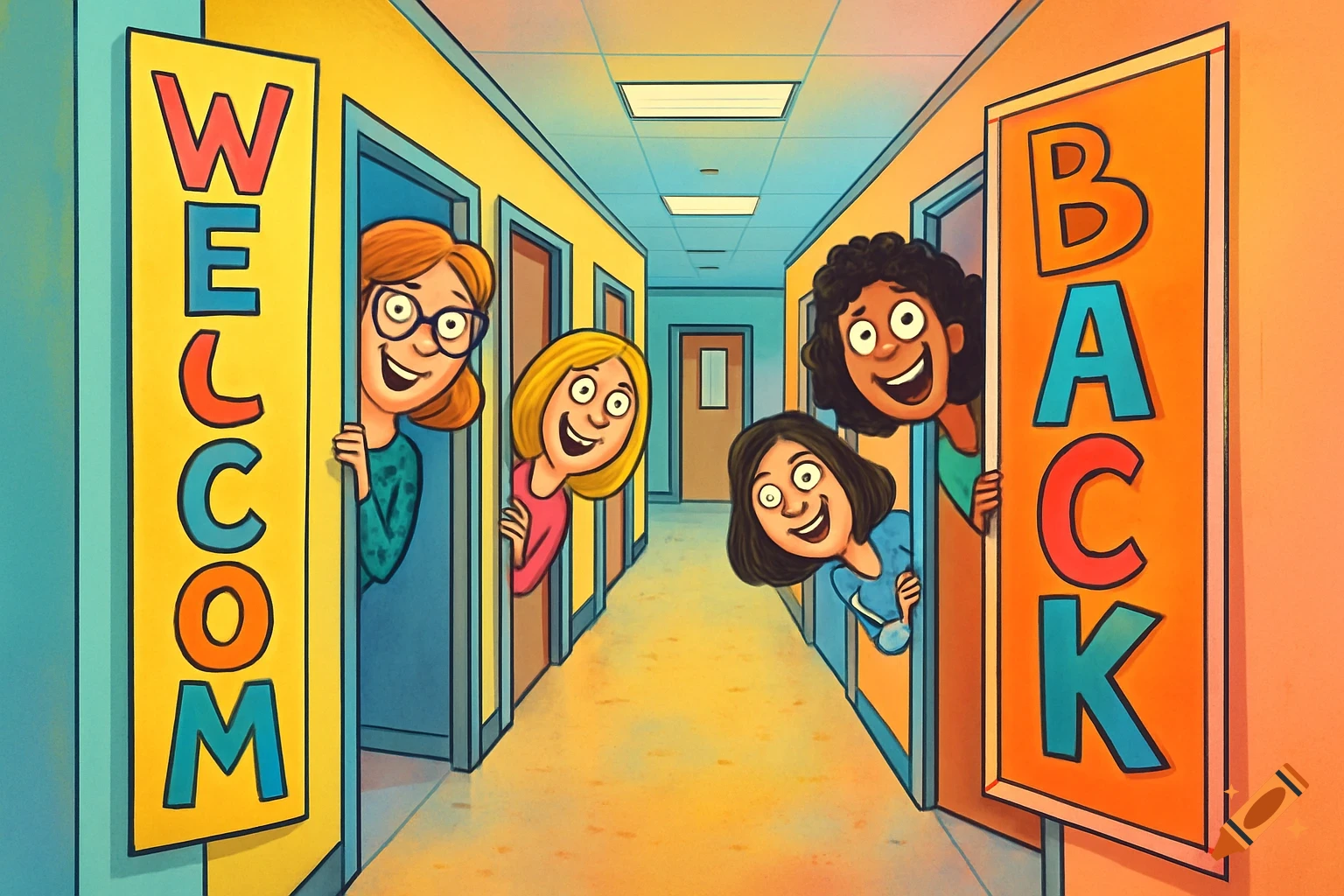 A colorful cartoon illustration of a school hallway. Four cheerful female staff members with exaggerated expressions peek from doorways. Large vertical banners on the left say "WELCOM" and on the right "BACK."