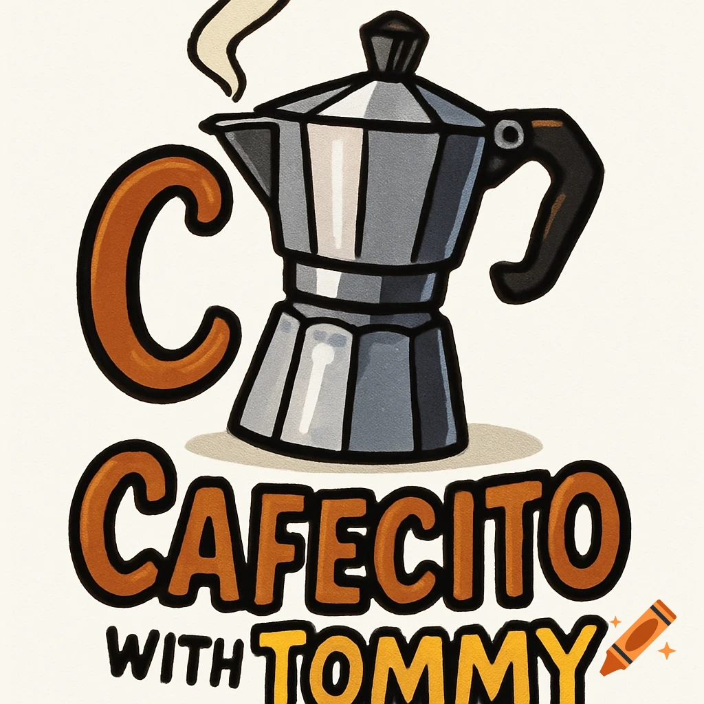 A cartoon illustration of a silver Moka pot with a large orange 'C' next to it, and the words 'CAFECITO WITH TOMMY' below in similar cartoon font.