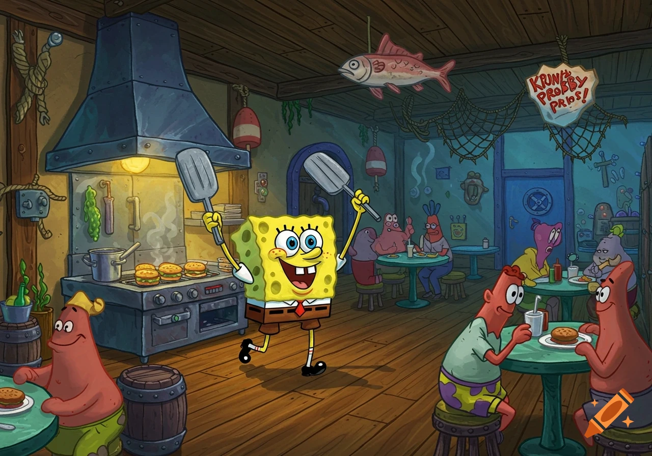 A vibrant cartoon scene showing SpongeBob SquarePants holding spatulas in the Krusty Krab kitchen, with other characters dining.